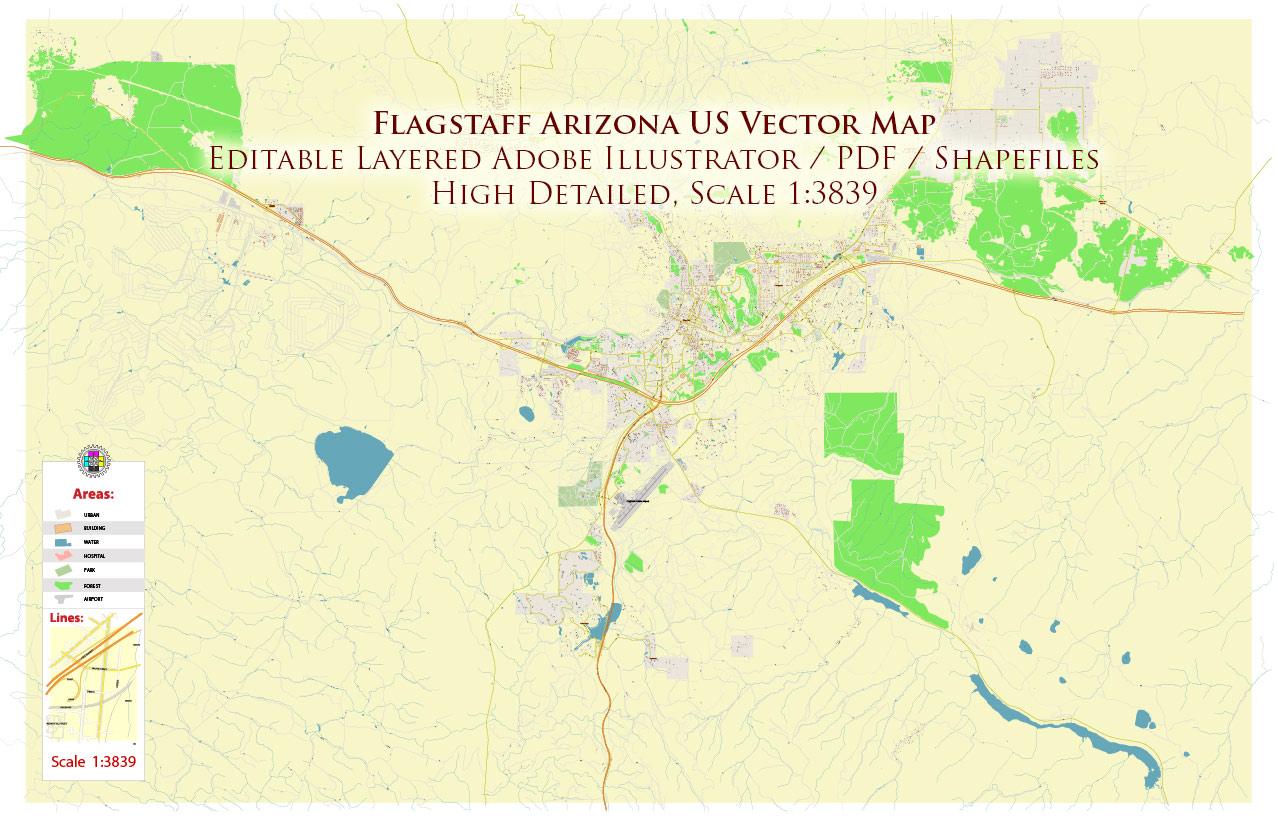 Flagstaff Arizona US Map Vector Exact City Plan detailed Street Map editable layered PDF + DWG + Shapefiles in 1 archive