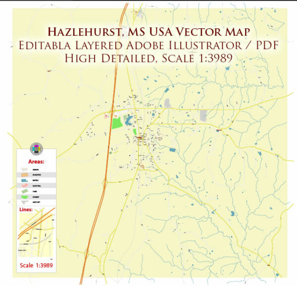 Hazlehurst Mississippi US Map Vector Exact City Plan detailed Street Map editable Adobe Illustrator in layers