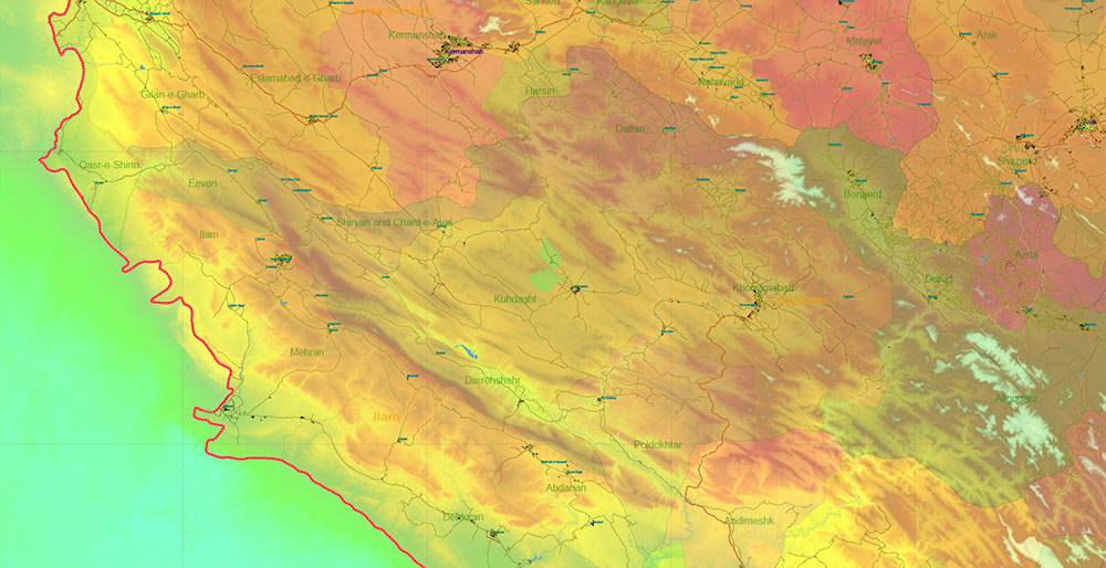 Iran Map Vector Exact Colored Relief and Roads High Detailed Map Admin areas levels 1,2, editable Adobe Illustrator in layers