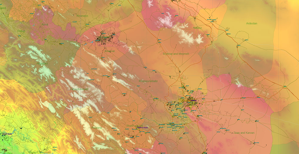 Iran Map Vector Exact Colored Relief and Roads High Detailed Map Admin areas levels 1,2, editable Adobe Illustrator in layers