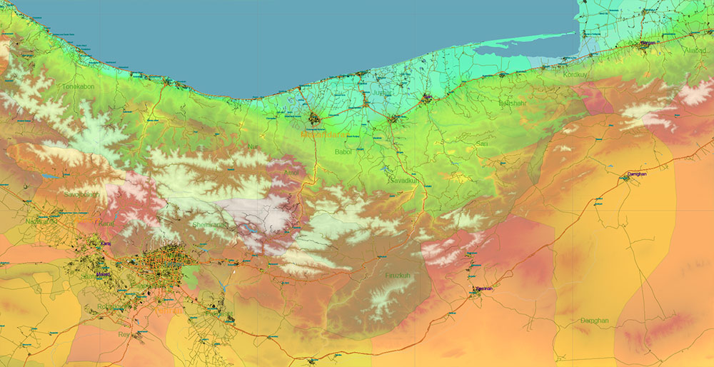 Iran Map Vector Exact Colored Relief and Roads High Detailed Map Admin areas levels 1,2, editable Adobe Illustrator in layers