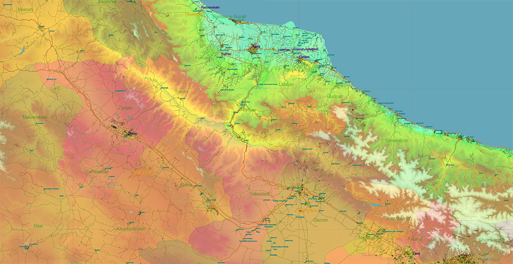 Iran Map Vector Exact Colored Relief and Roads High Detailed Map Admin areas levels 1,2, editable Adobe Illustrator in layers