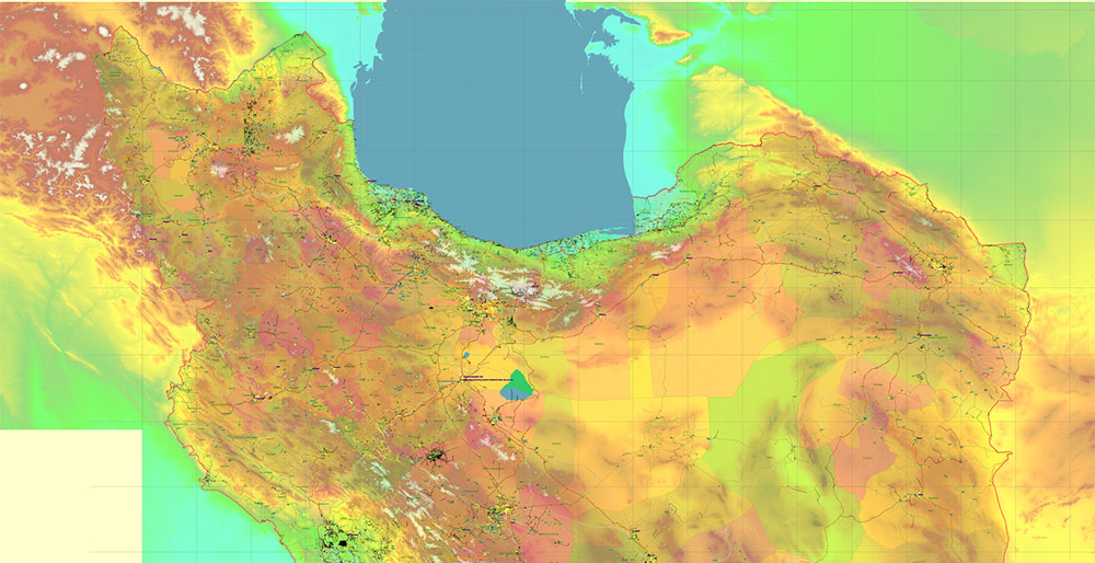 Iran Map Vector Exact Colored Relief and Roads High Detailed Map Admin areas levels 1,2, editable Adobe Illustrator in layers