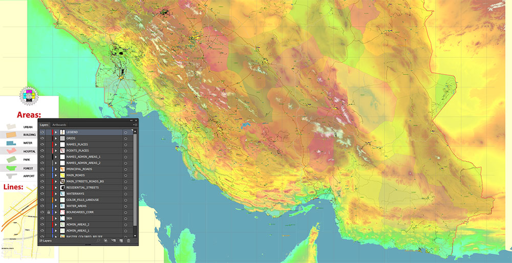 Iran Map Vector Exact Colored Relief and Roads High Detailed Map Admin areas levels 1,2, editable Adobe Illustrator in layers