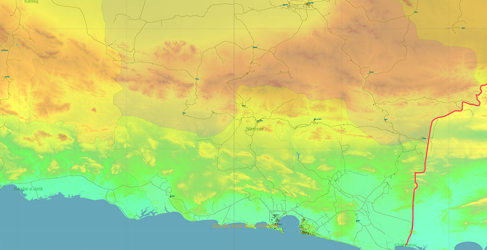 Iran Map Vector Exact Colored Relief and Roads High Detailed Map Admin areas levels 1,2, editable Adobe Illustrator in layers