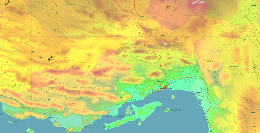 Iran Map Vector Exact Colored Relief and Roads High Detailed Map Admin areas levels 1,2, editable Adobe Illustrator in layers