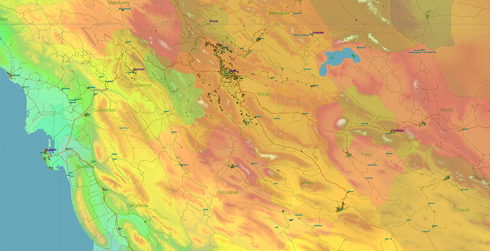 Iran Map Vector Exact Colored Relief and Roads High Detailed Map Admin areas levels 1,2, editable Adobe Illustrator in layers