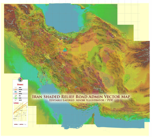 _Iran Map Vector Exact Shaded Relief and Roads High Detailed Map Admin areas levels 1,2, editable Adobe Illustrator in layers Iran Map Vector Exact Shaded Relief and Roads High Detailed Map Admin areas levels 1,2, editable Adobe Illustrator in layers