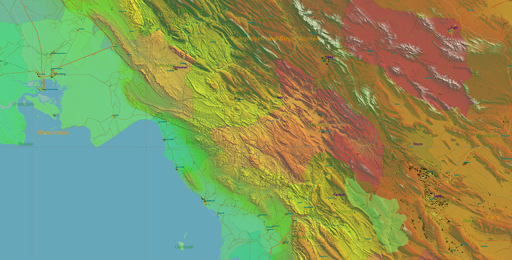 Iran Map Vector Exact Shaded Relief and Roads High Detailed Map Admin areas levels 1,2, editable Adobe Illustrator in layers