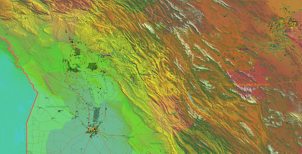 Iran Map Vector Exact Shaded Relief and Roads High Detailed Map Admin areas levels 1,2, editable Adobe Illustrator in layers