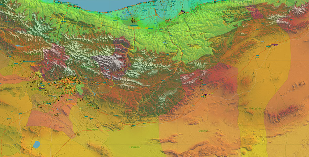 Iran Map Vector Exact Shaded Relief and Roads High Detailed Map Admin areas levels 1,2, editable Adobe Illustrator in layers