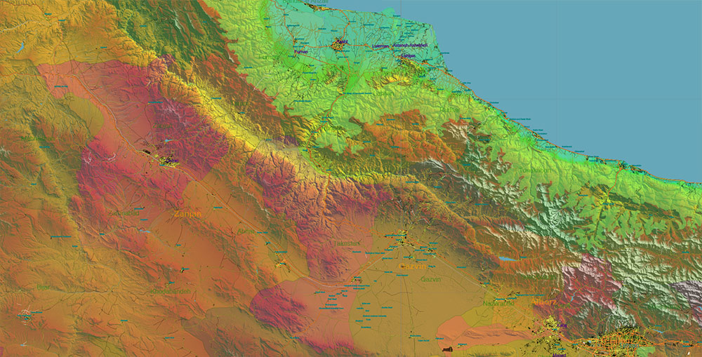 Iran Map Vector Exact Shaded Relief and Roads High Detailed Map Admin areas levels 1,2, editable Adobe Illustrator in layers