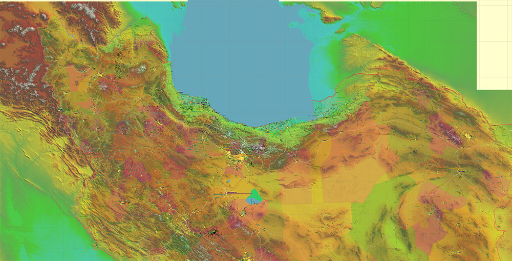 Iran Map Vector Exact Shaded Relief and Roads High Detailed Map Admin areas levels 1,2, editable Adobe Illustrator in layers