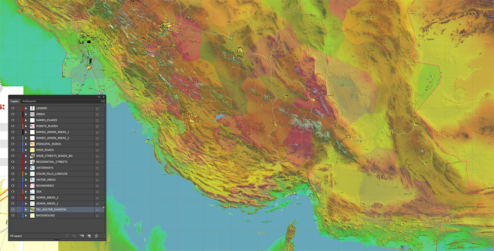 Iran Map Vector Exact Shaded Relief and Roads High Detailed Map Admin areas levels 1,2, editable Adobe Illustrator in layers