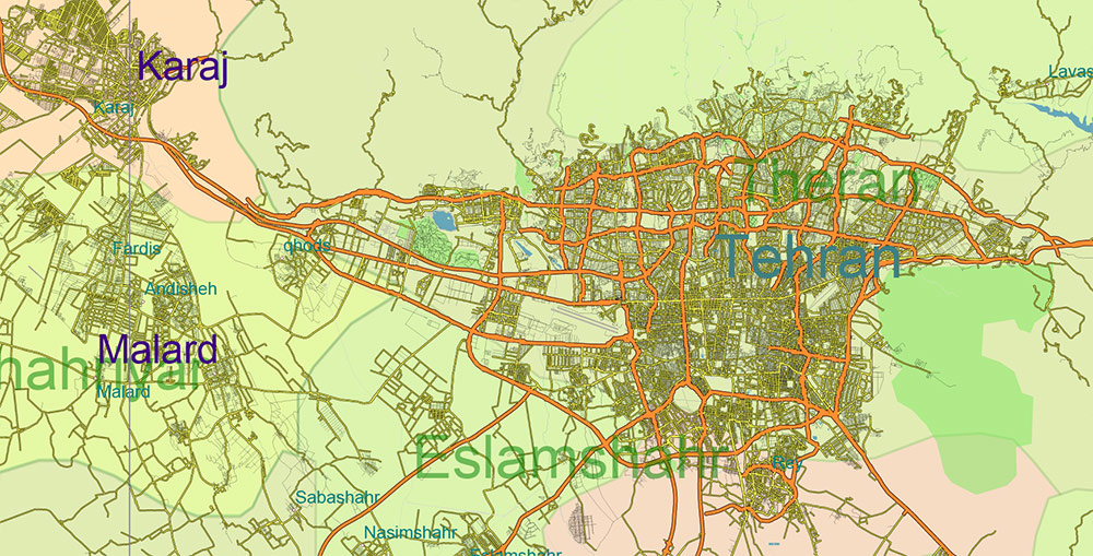 Iran Map Vector Exact Shaded Relief and Roads High Detailed Map Admin areas levels 1,2, editable Adobe Illustrator in layers