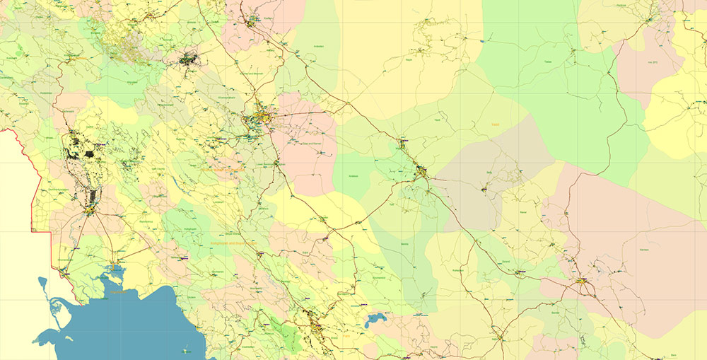 Iran Map Vector Exact Shaded Relief and Roads High Detailed Map Admin areas levels 1,2, editable Adobe Illustrator in layers