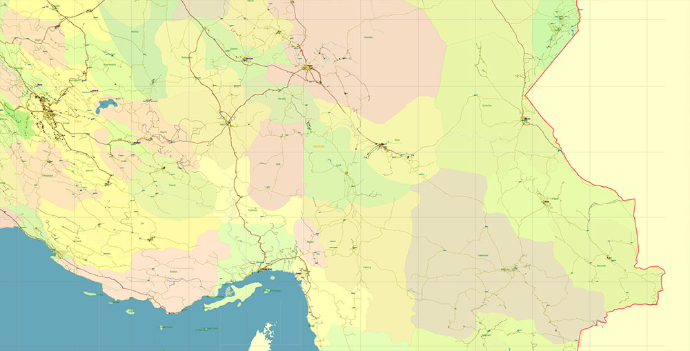 Iran Map Vector Exact Shaded Relief and Roads High Detailed Map Admin areas levels 1,2, editable Adobe Illustrator in layers