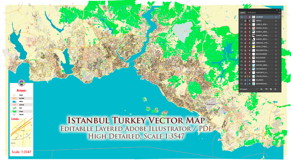 Istanbul Turkey Metro Area Map Vector Exact High Detailed Street Map editable Adobe Illustrator in layers