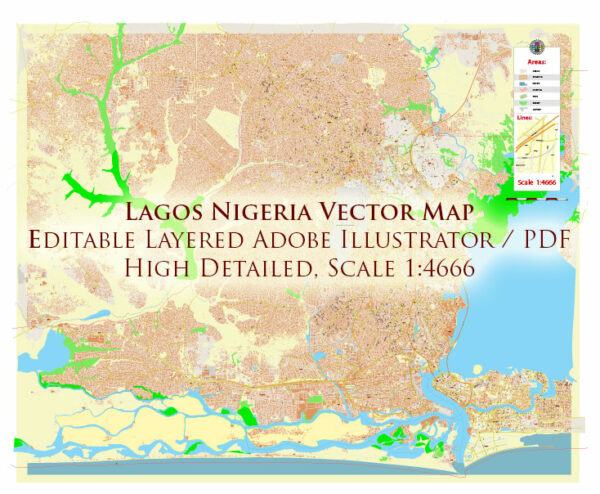 Lagos Nigeria Metro Area Map Vector Exact High Detailed Street Map editable Adobe Illustrator in layers