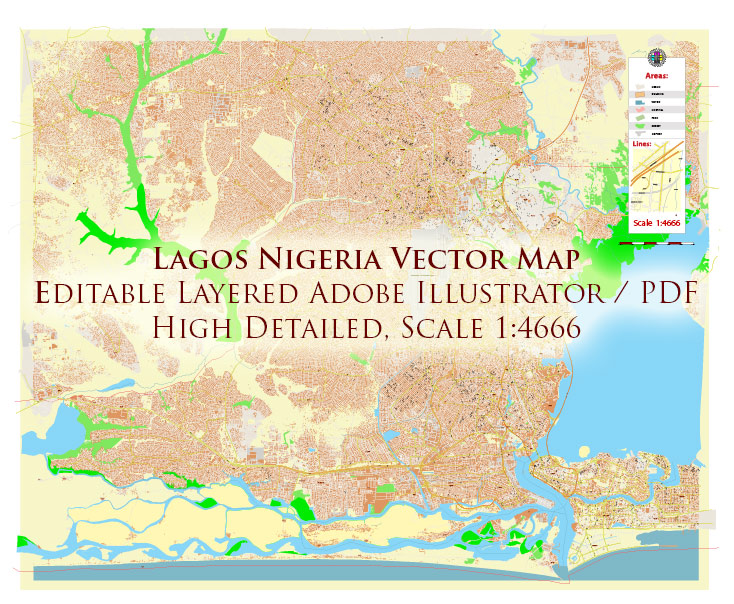 Lagos Nigeria Metro Area Map Vector Exact High Detailed Street Map editable Adobe Illustrator in layers
