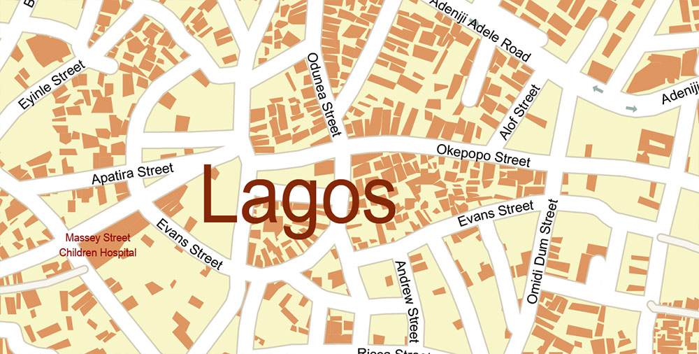 Lagos Nigeria Metro Area Map Vector Exact High Detailed Street Map editable Adobe Illustrator in layers