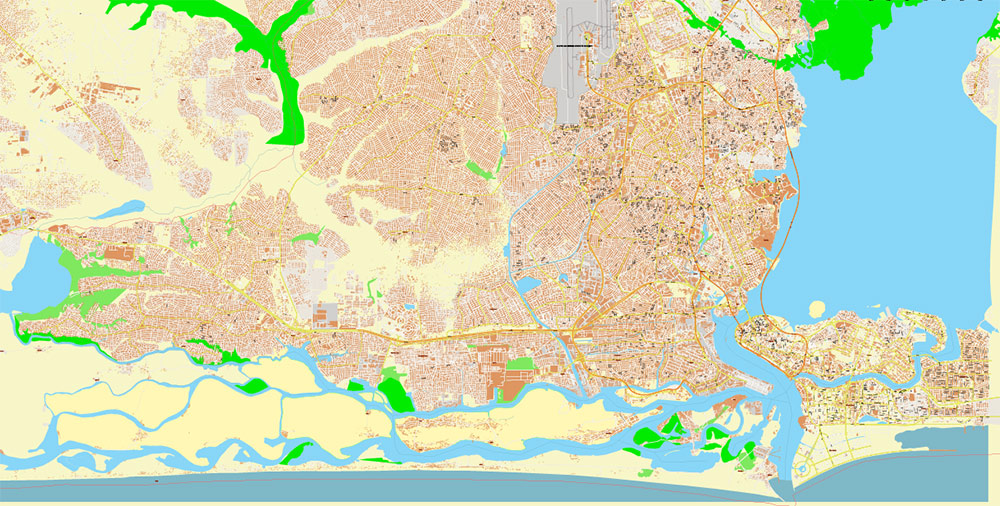 Lagos Nigeria Metro Area Map Vector Exact High Detailed Street Map editable Adobe Illustrator in layers