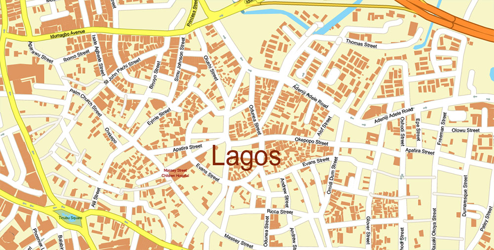 Lagos Nigeria Metro Area Map Vector Exact High Detailed Street Map editable Adobe Illustrator in layers