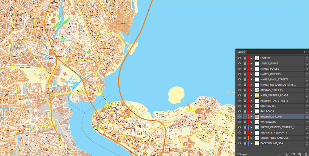 Lagos Nigeria Metro Area Map Vector Exact High Detailed Street Map editable Adobe Illustrator in layers