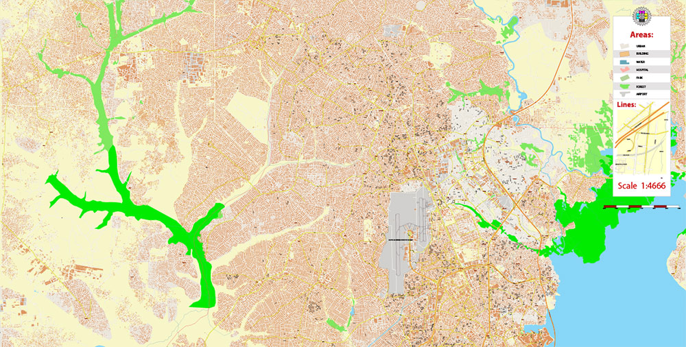 Lagos Nigeria Metro Area Map Vector Exact High Detailed Street Map editable Adobe Illustrator in layers