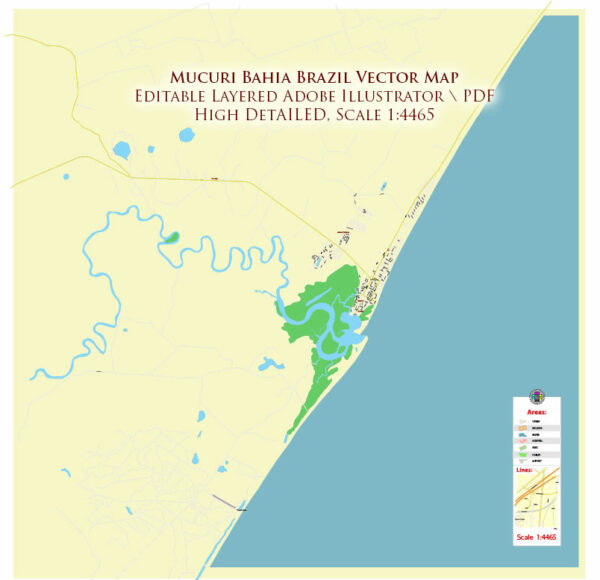 Mucuri Bahia Brazil Map Vector Exact Plan High Detailed Street Map editable Adobe Illustrator in layers