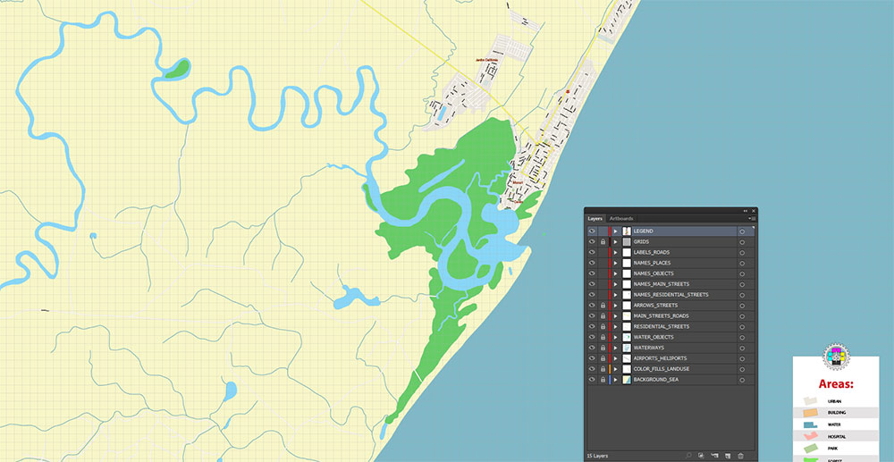 Mucuri Bahia Brazil Map Vector Exact Plan High Detailed Street Map editable Adobe Illustrator in layers