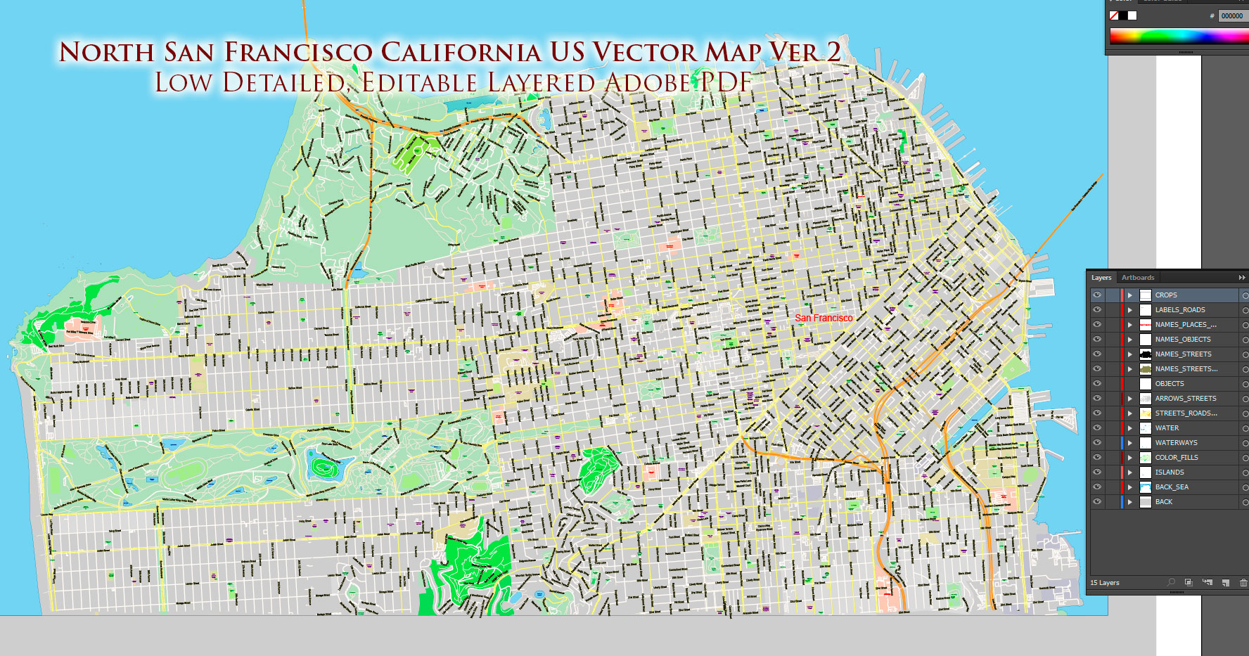 San Francisco North Part Map Vector California US Exact high and low detailed Street Road Maps 2 editable Adobe PDF in layers