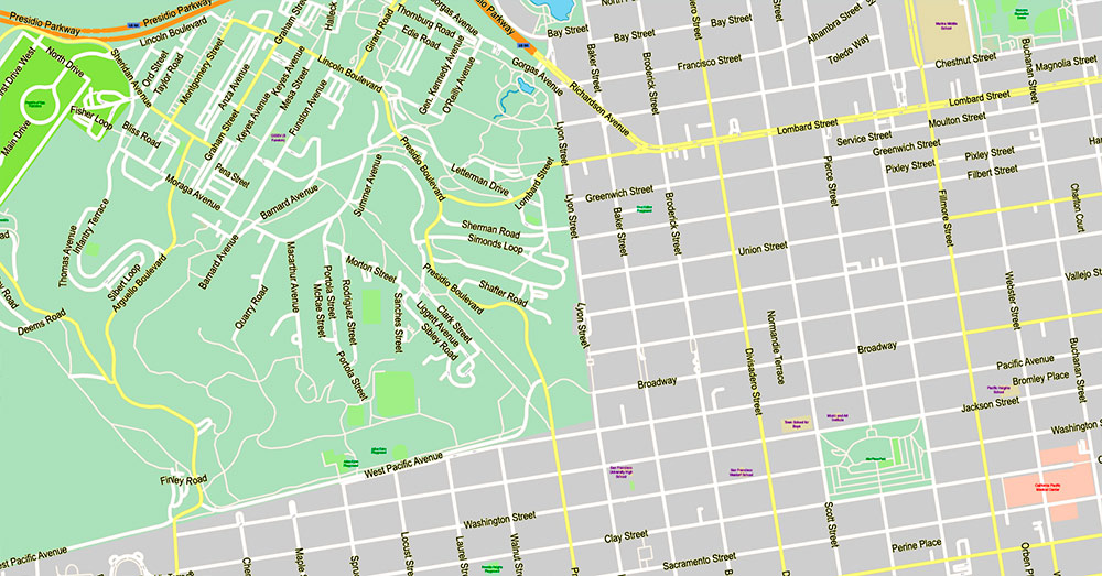 San Francisco North Part Map Vector California US Exact high and low detailed Street Road Maps 2 editable Adobe PDF in layers