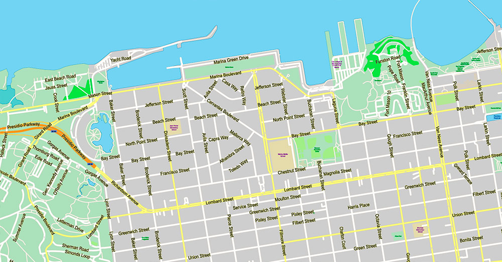 San Francisco North Part Map Vector California US Exact high and low detailed Street Road Maps 2 editable Adobe PDF in layers