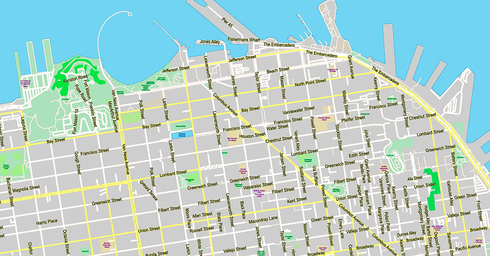 San Francisco North Part Map Vector California US Exact high and low detailed Street Road Maps 2 editable Adobe PDF in layers