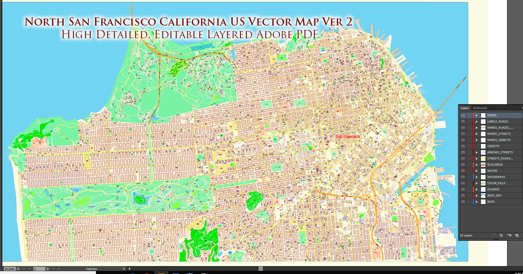 San Francisco North Part Map Vector California US Exact high and low detailed Street Road Maps 2 editable Adobe PDF in layers