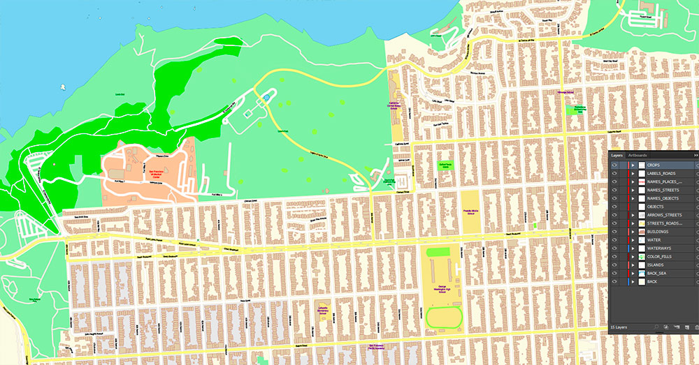 San Francisco North Part Map Vector California US Exact high and low detailed Street Road Maps 2 editable Adobe PDF in layers
