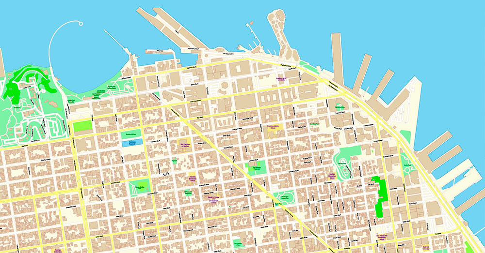 San Francisco North Part Map Vector California US Exact high and low detailed Street Road Maps 2 editable Adobe PDF in layers