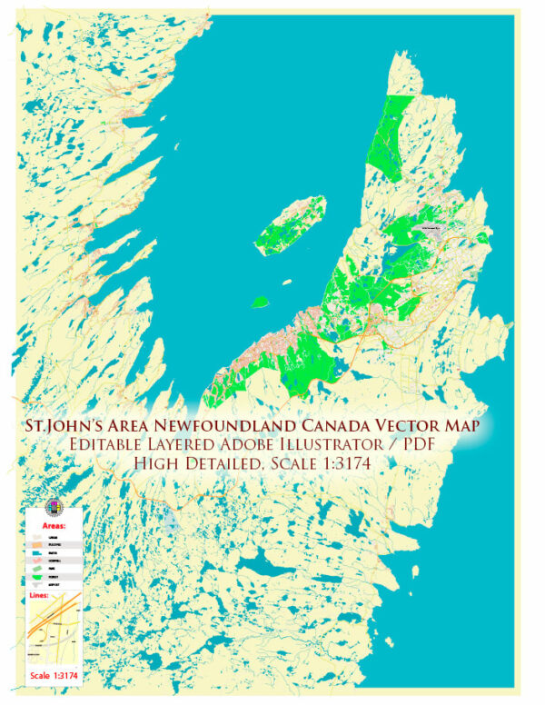St John's Newfoundland Canada Map Vector Exact high detailed Street Road Map editable Adobe Illustrator in layers
