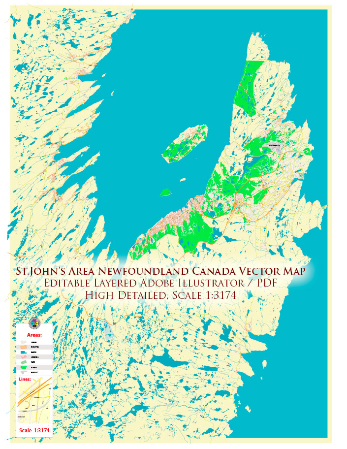 St John's Newfoundland Canada Map Vector Exact high detailed Street Road Map editable Adobe Illustrator in layers
