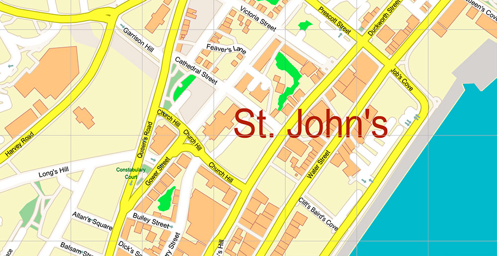 St John's Newfoundland Canada Map Vector Exact high detailed Street Road Map editable Adobe Illustrator in layers