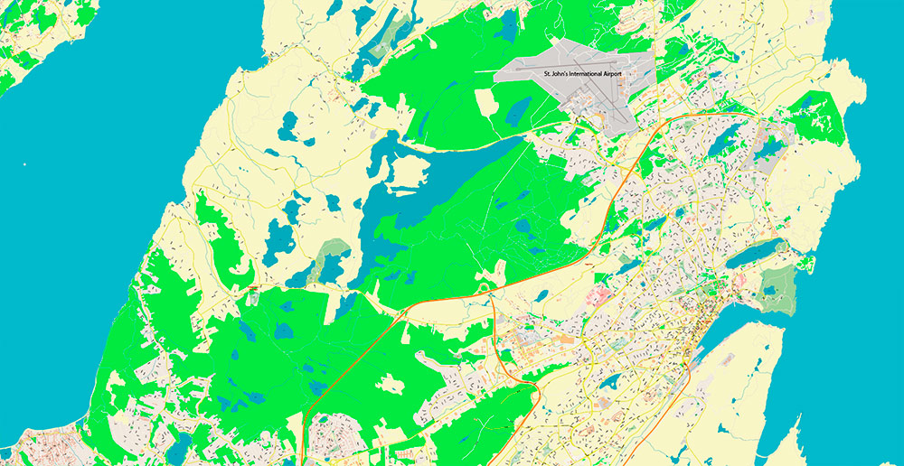 St John's Newfoundland Canada Map Vector Exact high detailed Street Road Map editable Adobe Illustrator in layers