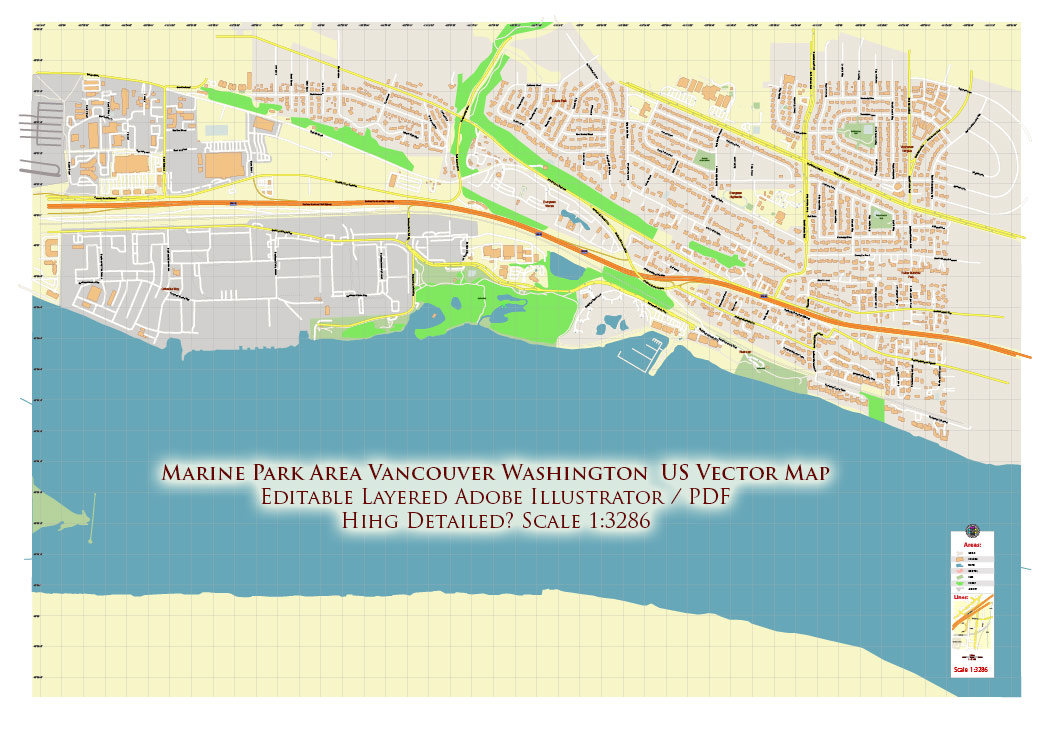 Vancouver Washington Marine Park Area Map Vector Exact City Plan High Detailed Street Map editable Adobe Illustrator in layers