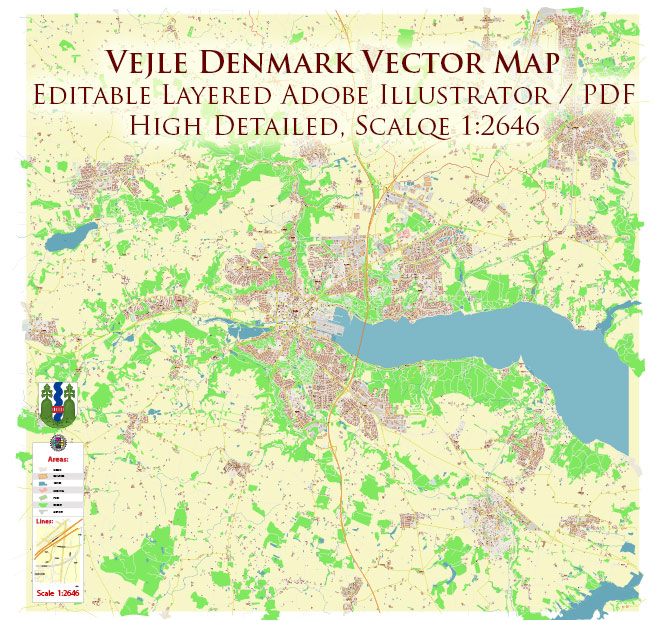 Vejle Denmark Map Vector Exact High Detailed Street Map editable Adobe Illustrator in layers