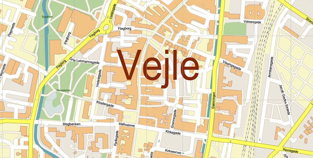 Vejle Denmark Map Vector Exact High Detailed Street Map editable Adobe Illustrator in layers
