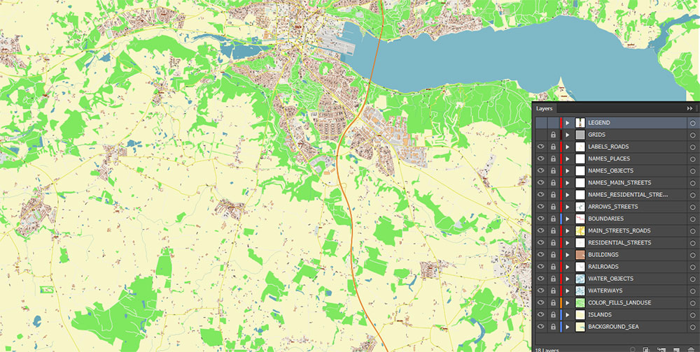 Vejle Denmark Map Vector Exact High Detailed Street Map editable Adobe Illustrator in layers