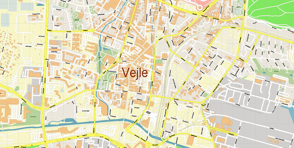 Vejle Denmark Map Vector Exact High Detailed Street Map editable Adobe Illustrator in layers