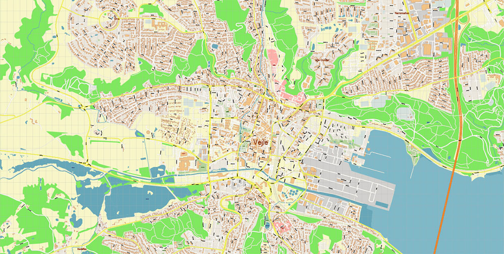 Vejle Denmark Map Vector Exact High Detailed Street Map editable Adobe Illustrator in layers
