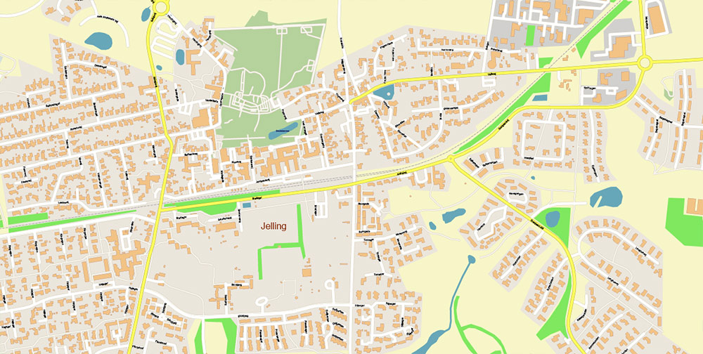 Vejle Denmark Map Vector Exact High Detailed Street Map editable Adobe Illustrator in layers