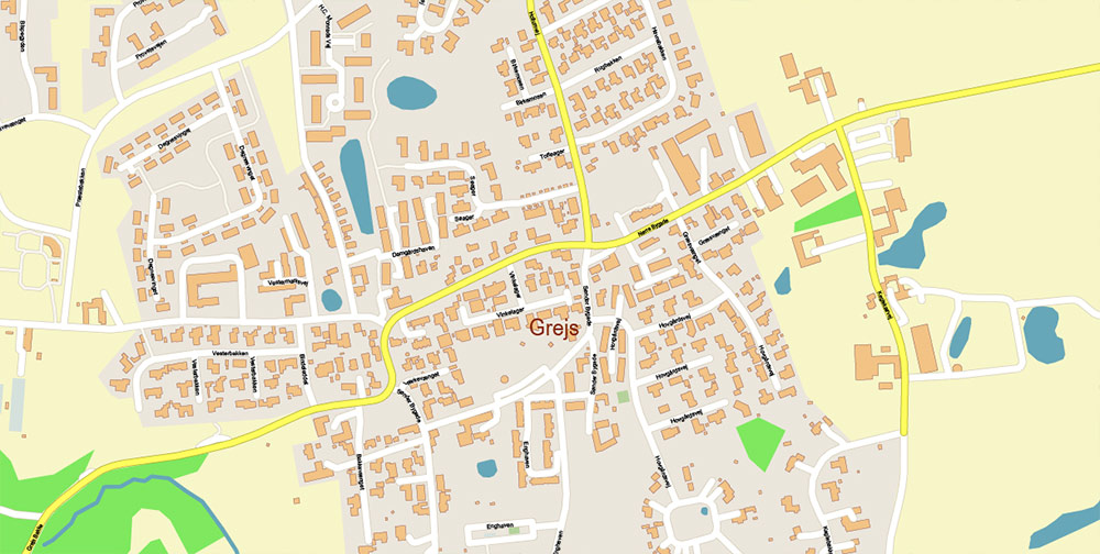 Vejle Denmark Map Vector Exact High Detailed Street Map editable Adobe Illustrator in layers